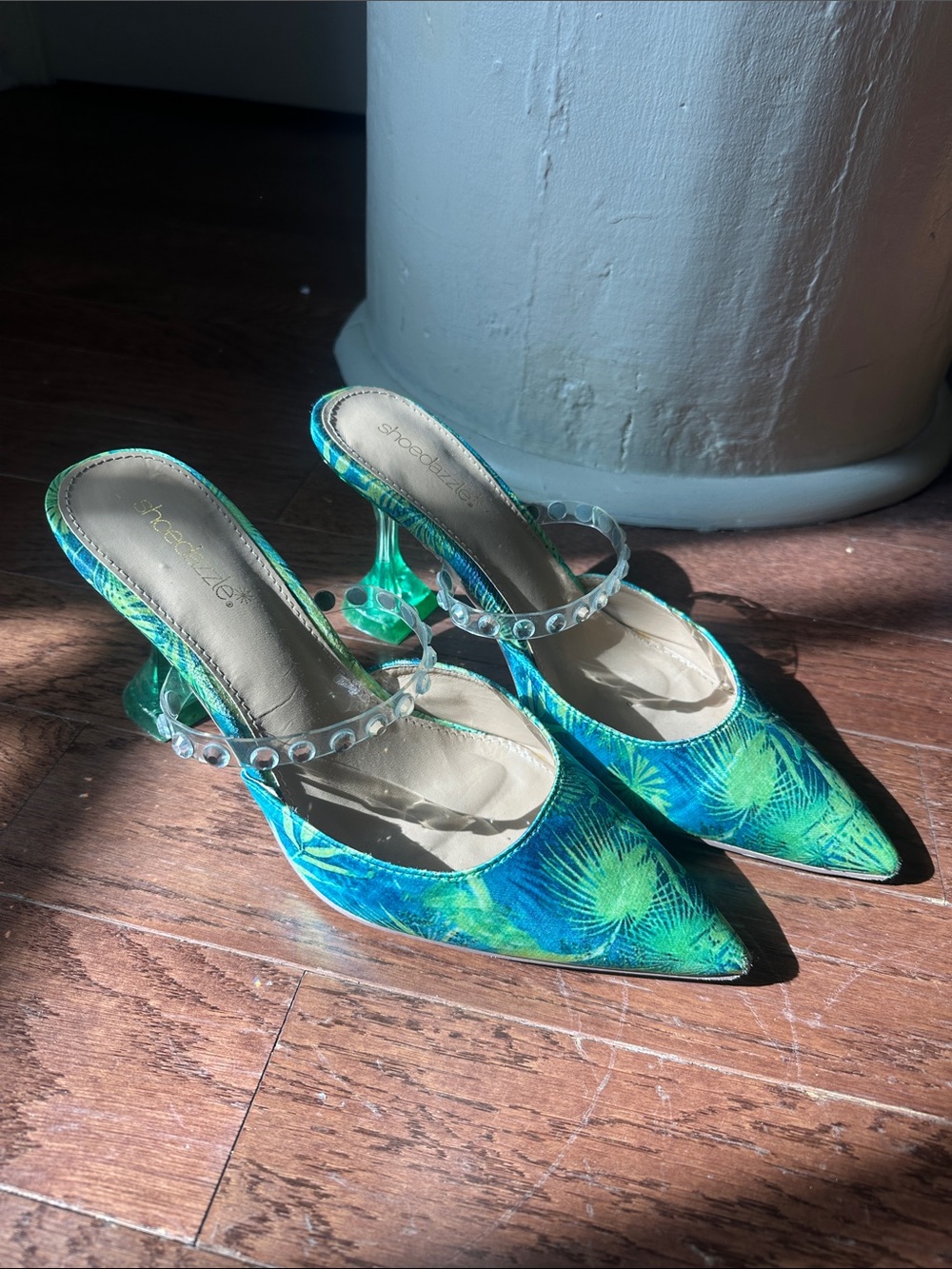 Shoe Dazzle Teal Green Blue Palm-Print Pointed Mule Heels